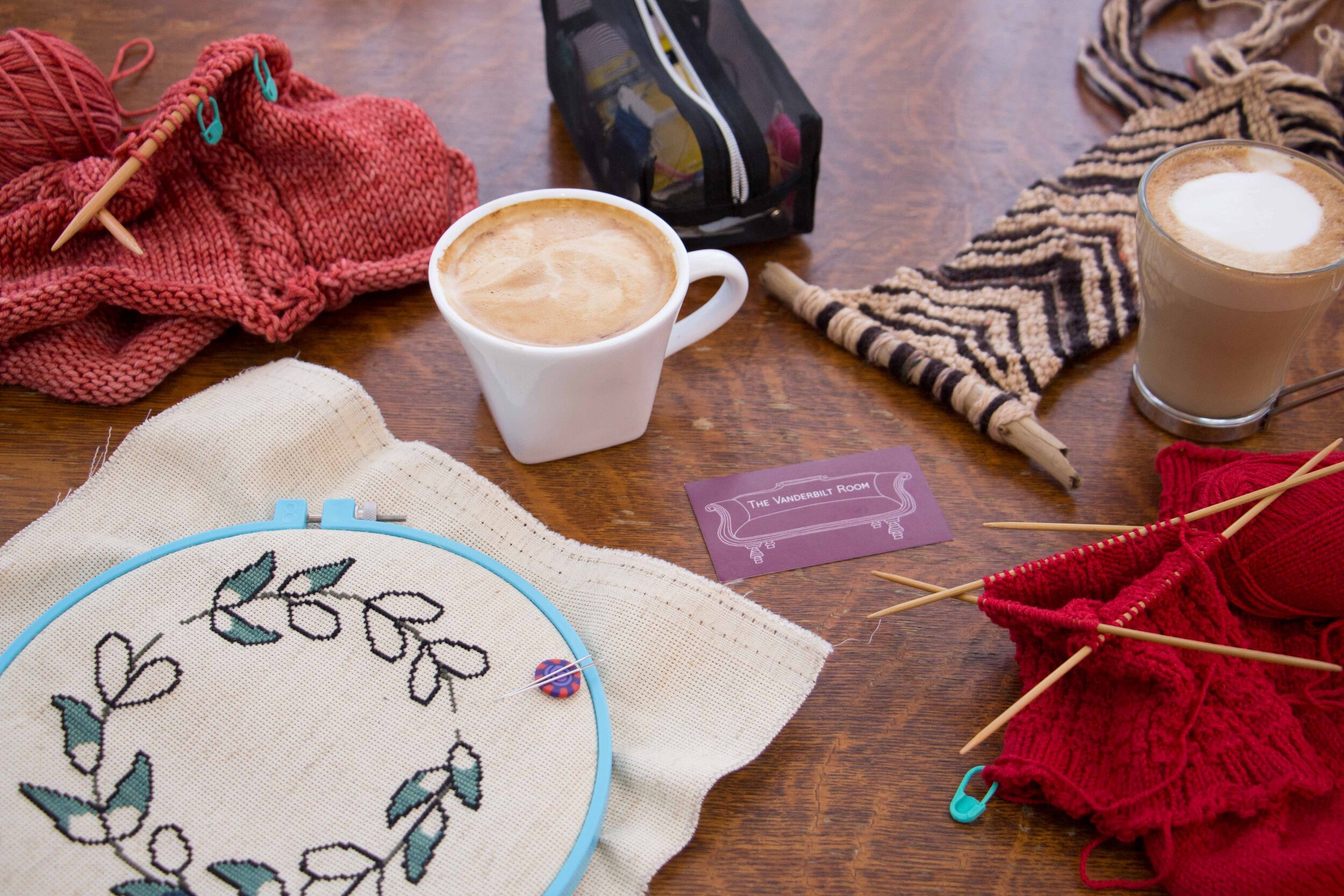 stitchery crafts and a couple of espresso beverages