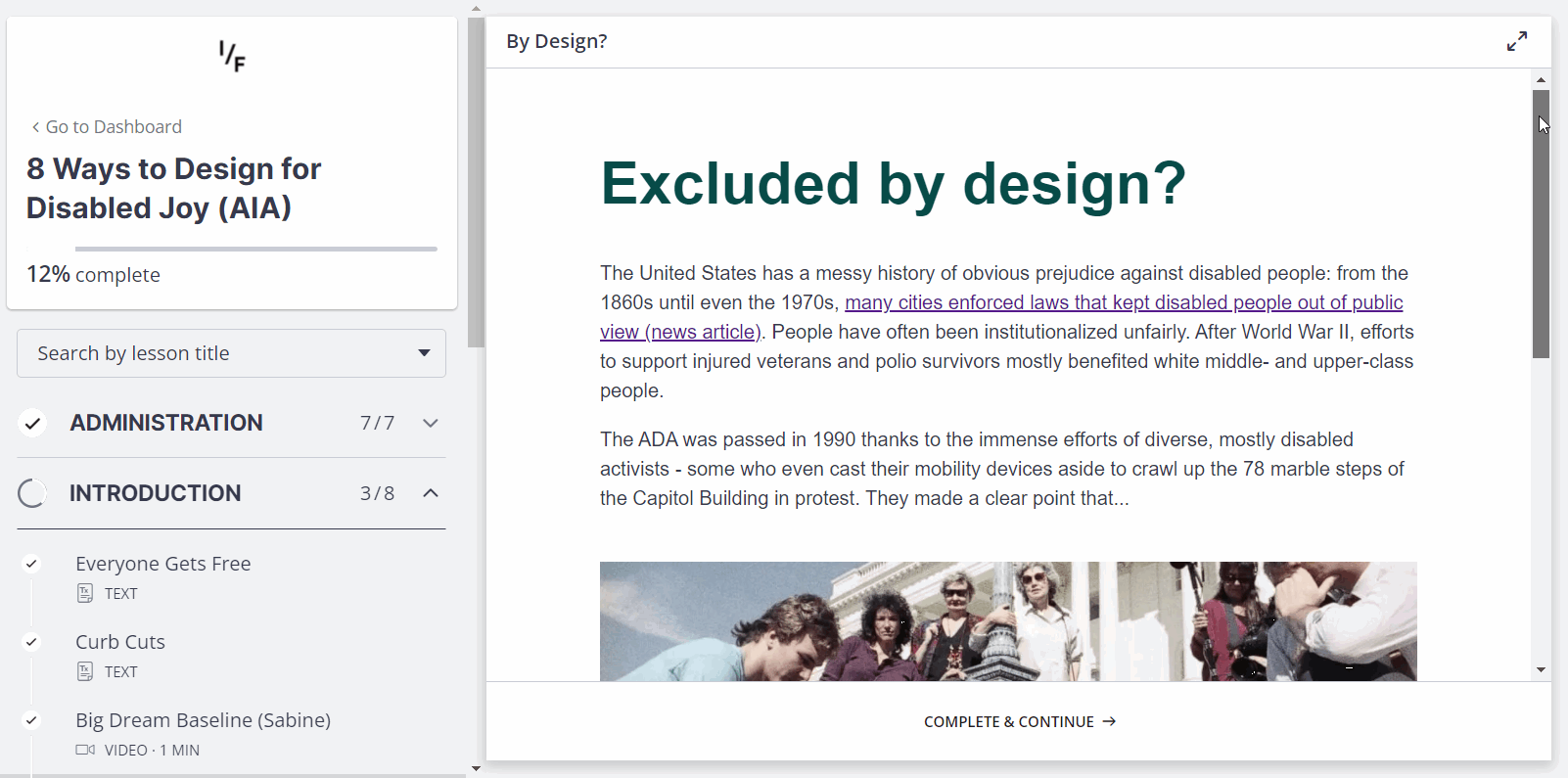 GIF/moving screenshot of scrolling through two pages of the on-demand course, showing off the hosting platform