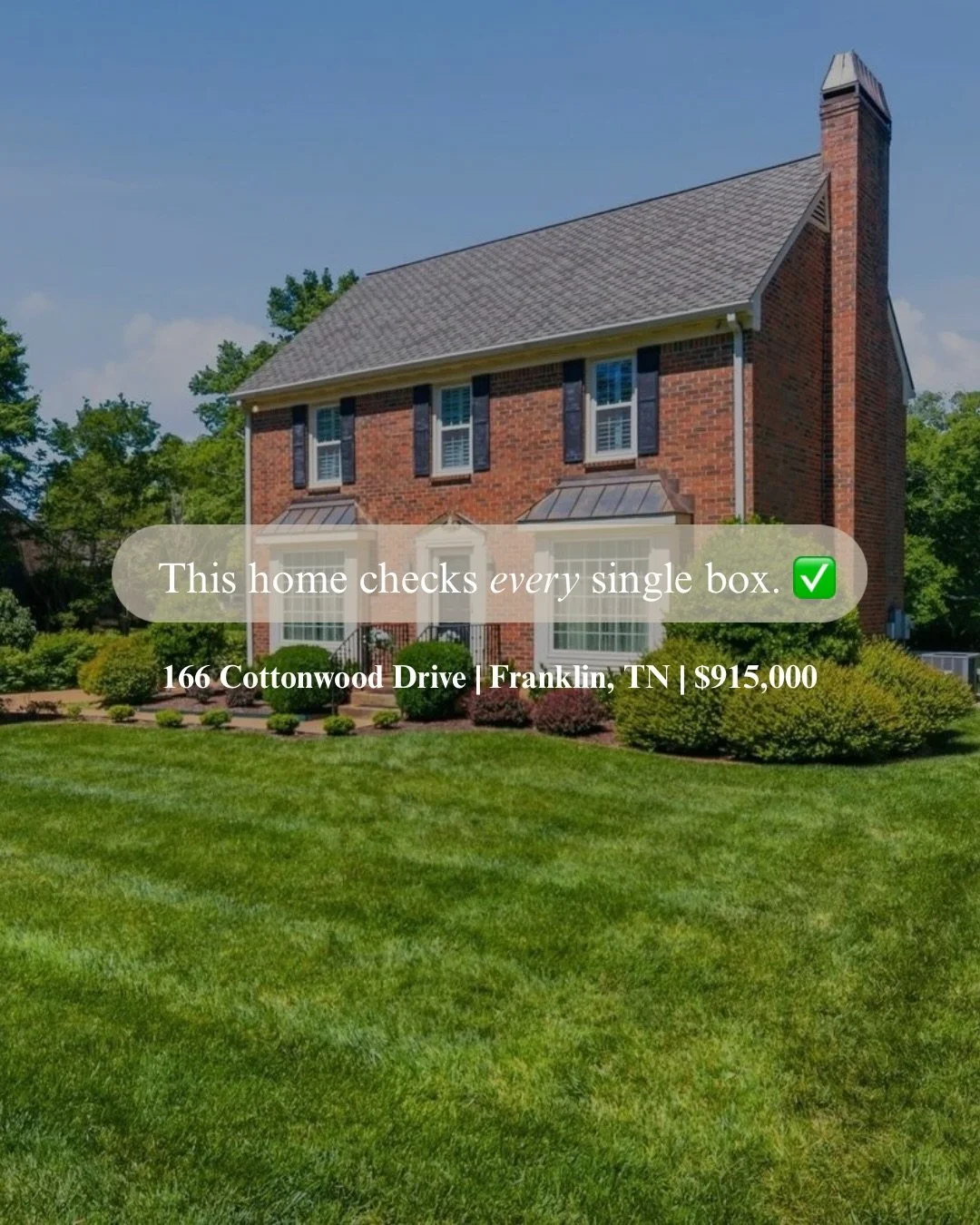 What does $915,000 get you in Franklin, TN? A life you don&rsquo;t want to leave. 🏡🎾
166 Cottonwood Drive sits on one of the best lots in the coveted Cottonwood Estates community &mdash; overlooking open green space with only one direct neighbor, p