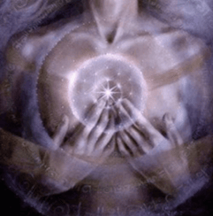 Close up of a woman laying on her back with her hands touching the center of her chest where a bright white light is emanating from.