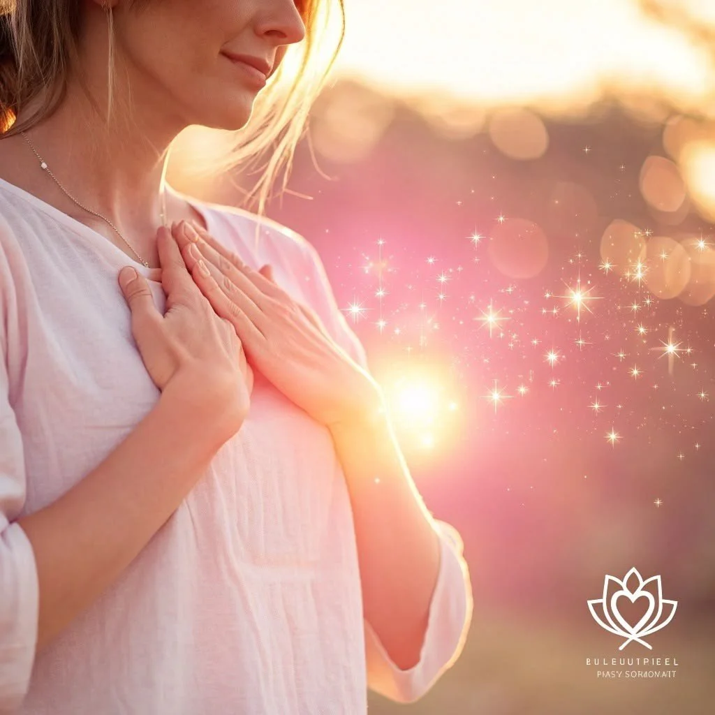 Close up of a softly smiling woman standing in the sunlight in a white shirt with her hands over her heart and sparkles coming from her hands.