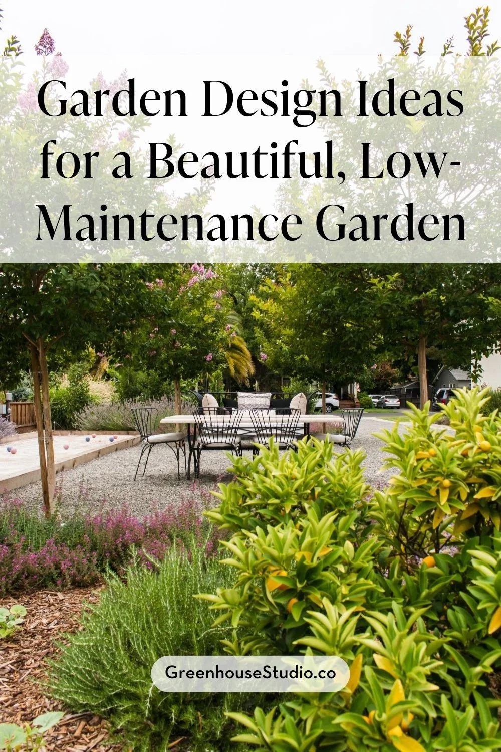 Garden design featuring an outdoor dining area and daybed flanked by a bocce court surrounded by crape myrtle trees