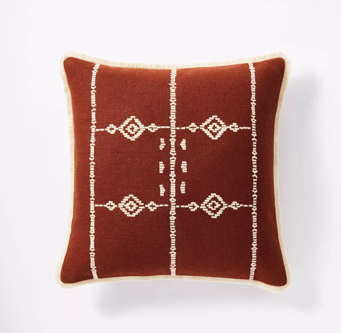 Fall seasonal home decor at Target - Square Geo Embroidered Throw Pillow Rust - Threshold™ &amp;  Studio McGee