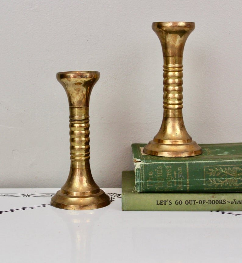 Vintage brass midcentury ribbed candlesticks