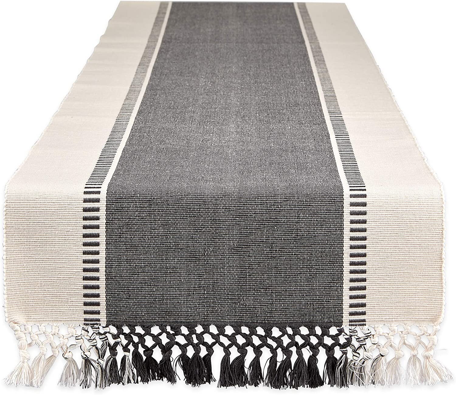 Dobby white and charcoal table runner with fringe edge