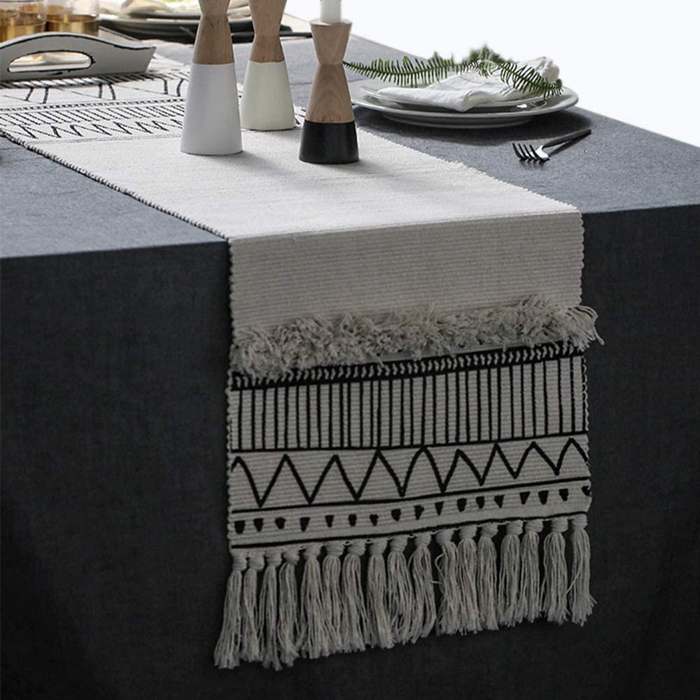 Moroccan boho black and white geometric table runner with fringe edge 