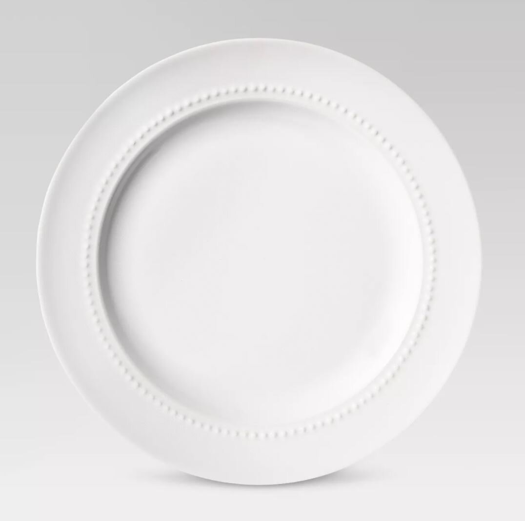White porcelain dinner plate dish set with farmhouse style beaded rim