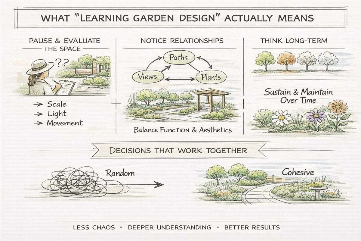 diagram illustrating how learning garden design involves evaluating space, noticing relationships, and planning for long-term garden function.