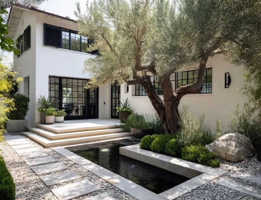 Landscape design showing hardscape, planting areas, and outdoor living space