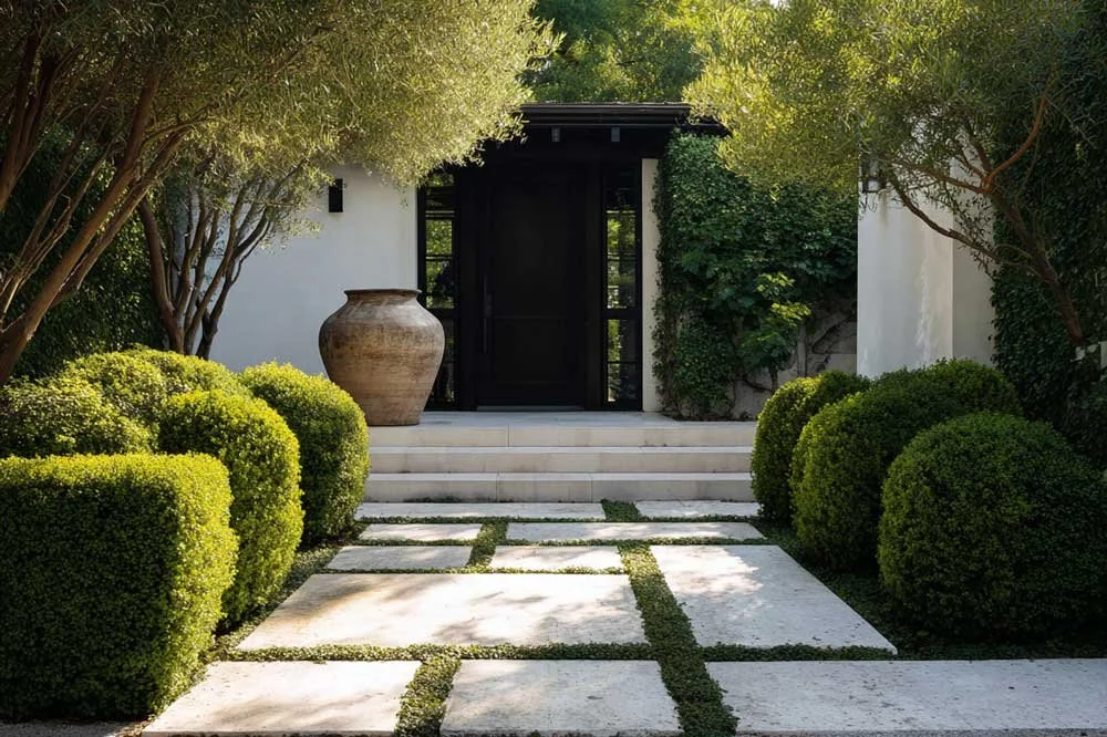 Garden Circulation showing stone paver path and steps bound by planting beds and leading up to a residential front door