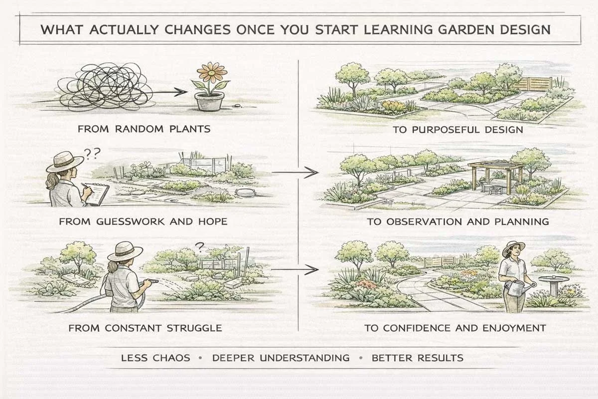 Diagram showing how learning garden design shifts decisions from guesswork to purposeful layout, planning, and cohesive garden structure.