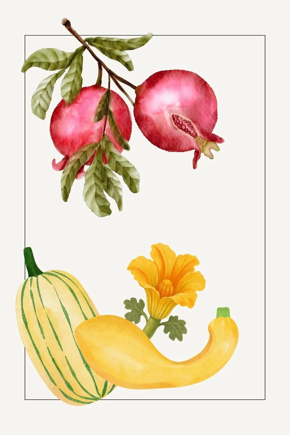 Watercolor illustration of pomegranates and squash in a vintage style.