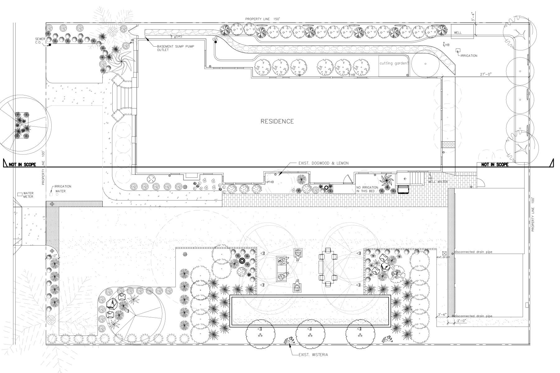 AutoCAD plan featuring a residential landscape design and planting plan