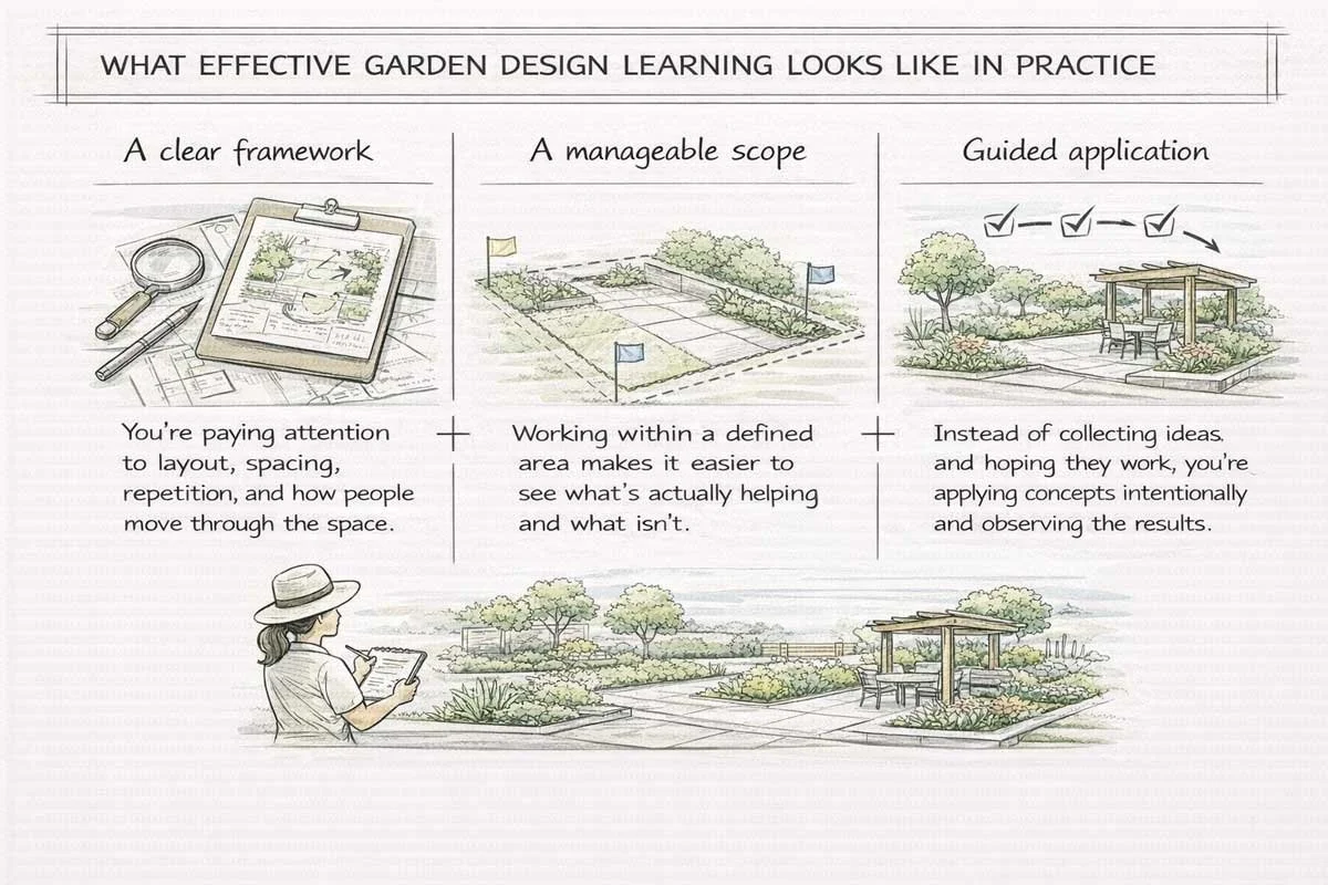 Diagram showing effective garden design learning through a clear framework, manageable scope, and guided application.