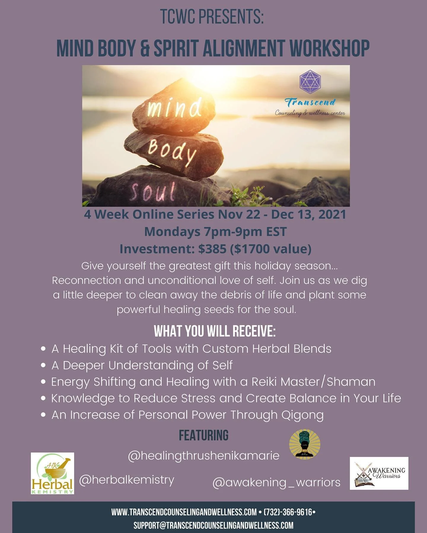 Hey IG Family🌍💦💨🔥

It is with great gratitude that we are inviting you to take part in TCWC's very 1st Mind, Body, &amp; Spirit Alightment Workshop ft. Herbal Kemistry🌿, Healing thru Shenika Marie🧘🏾&zwj;♀️, &amp; Awakening Warriors💪🏽

Feel f