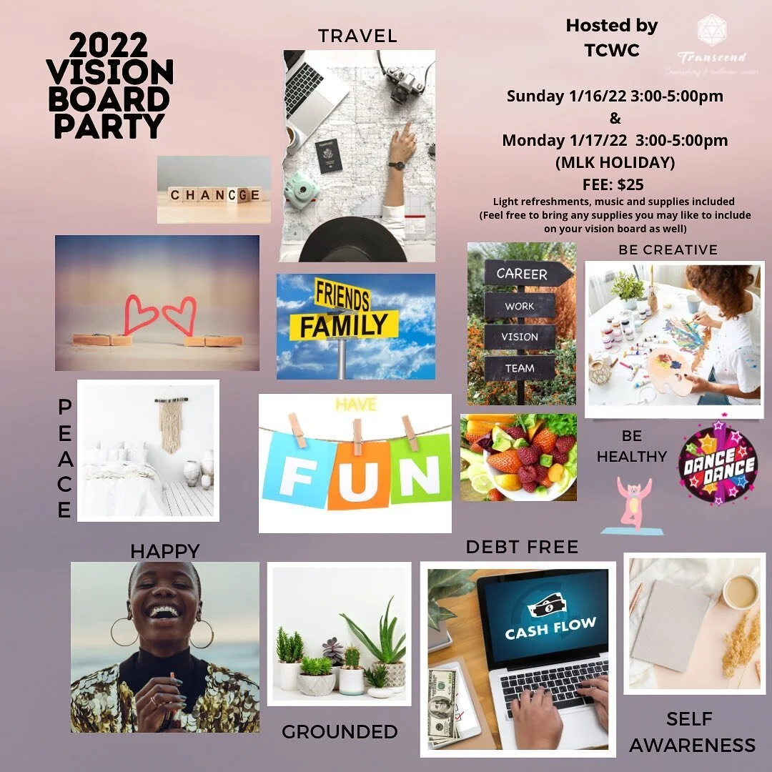 Let&rsquo;s TRANSCEND and plan all the things we would love to see come into fruition in 2022💡👀 Please join us on Sunday, January 16, 2022 or Monday, January 17, 2022 to make Vision Boards for the new year 🥳✨ 

Bring anything you feel that will en