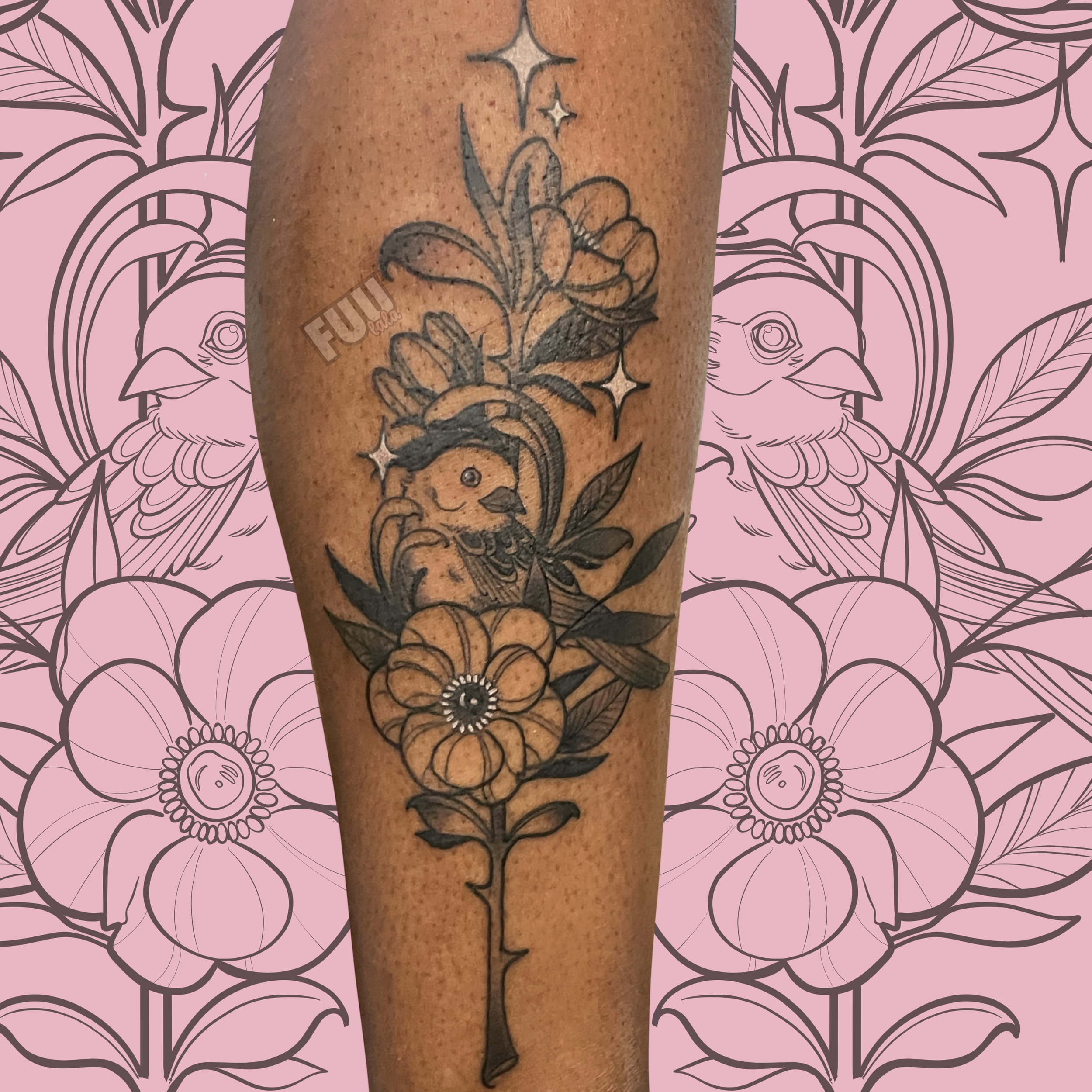 2023 - Custom, Neotraditional Sparrow & Anemones