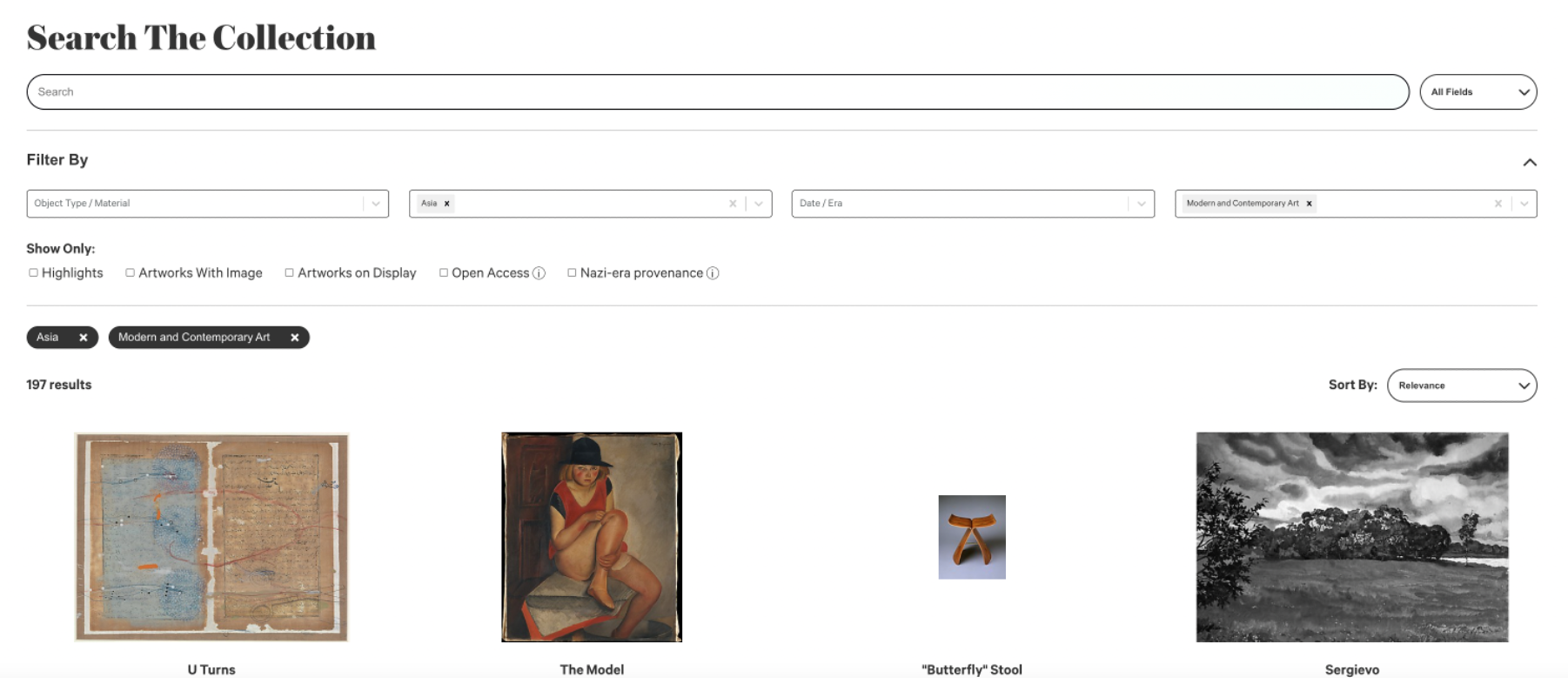 art museum website search results page