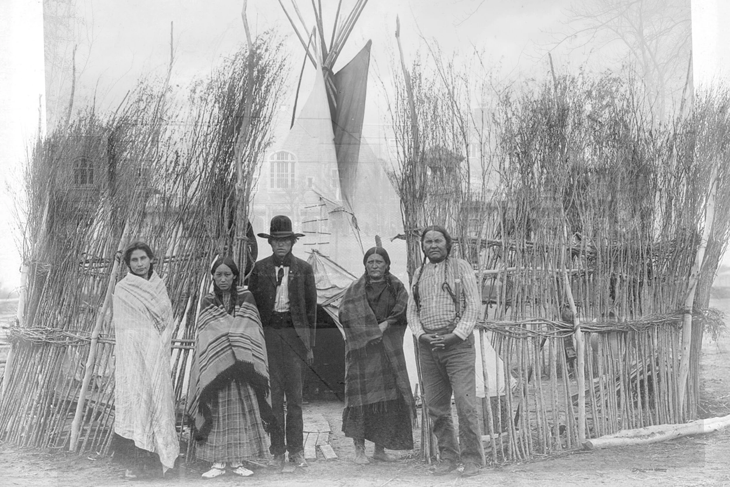 Photo by Rachel Paulk. Image from 1904 World's Fair exhibit replicating an Arapaho village, superimposed onto modern day Washington University campus.
