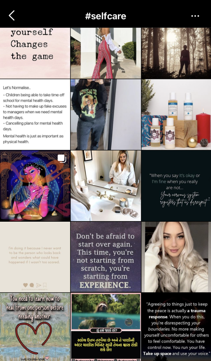 screenshot of #selfcare results on instagram
