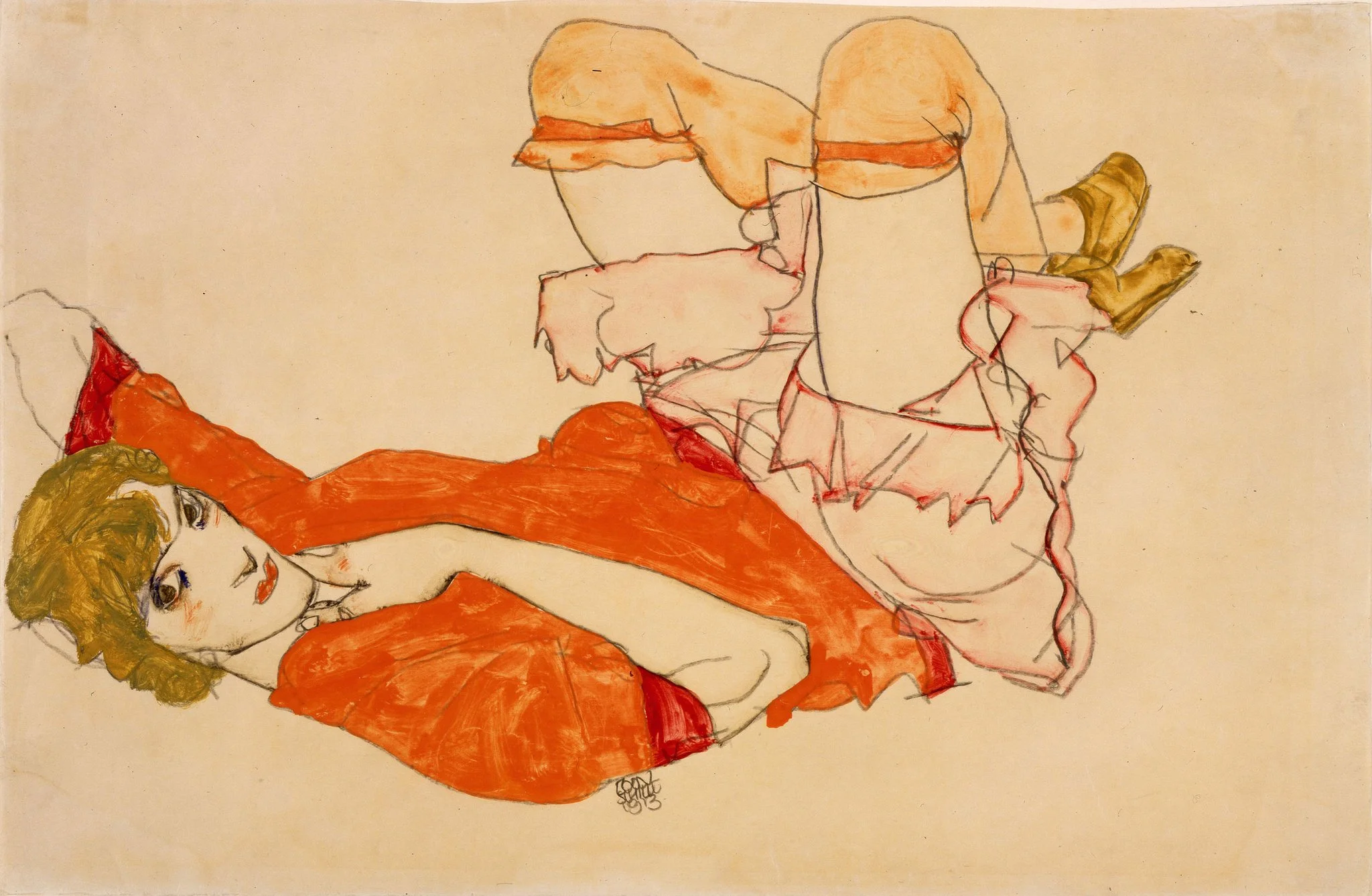 Painting by Egon Schiele of woman lying prone with knees raised