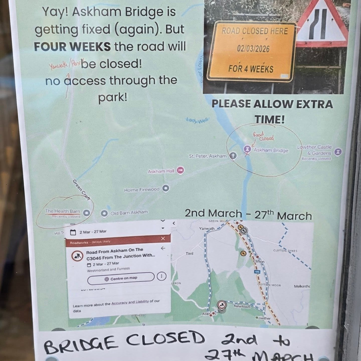 Please be aware that you're unable to get to The Health Barn through the park. Yanwath or Shap to Bampton to Askham.
