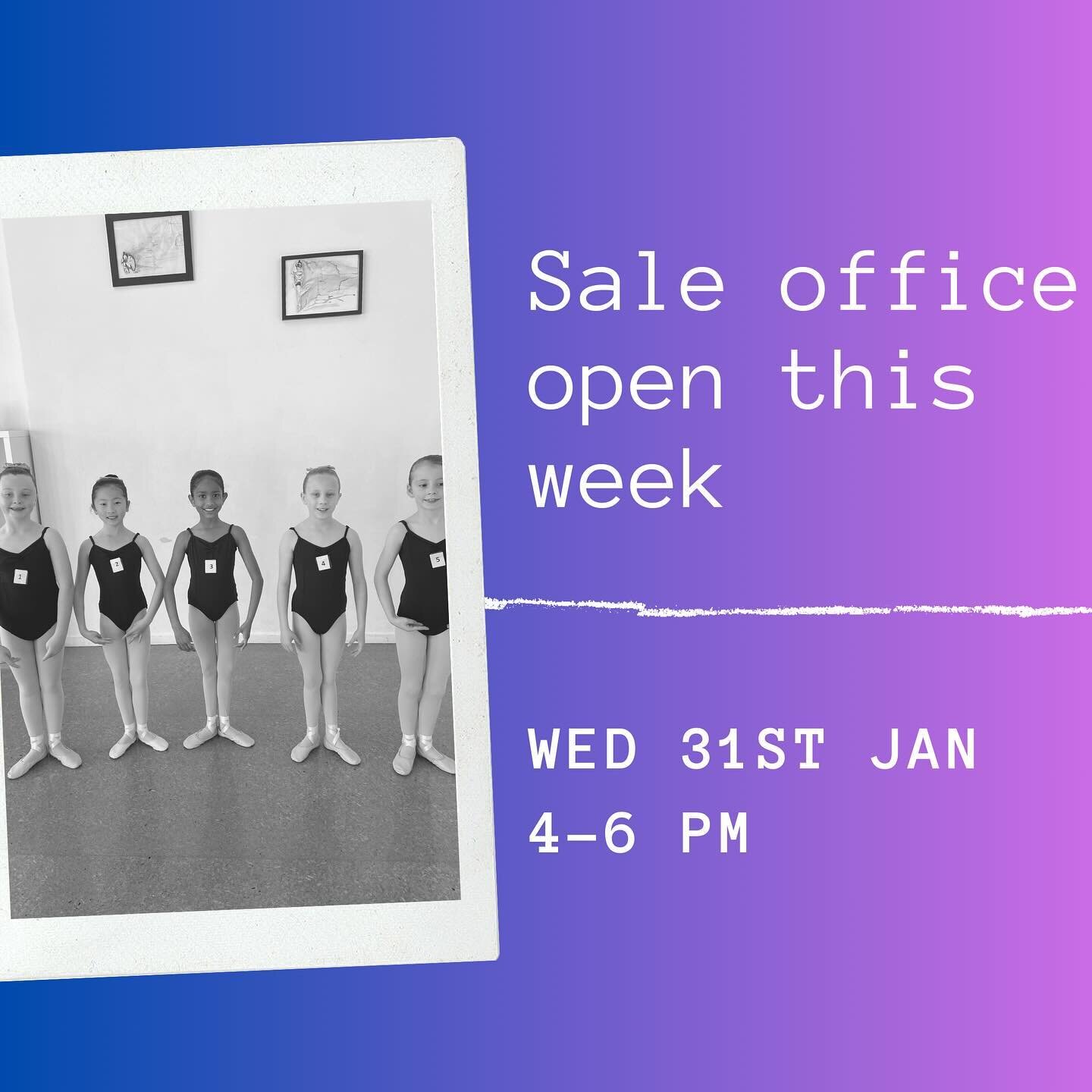 Do you need to -
&bull; try on dancewear or shoes?
&bull; pay a bill in person?
&bull; collect a concert USB?

Come and see us in the Sale office this Wednesday. Term 1 begins Saturday 3rd Feb! 💃💃💃