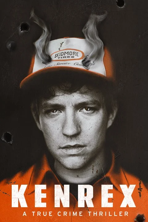A black and white portrait of a young man with a serious expression, wearing a racing cap with smoke rising from it, and a racing jacket. The poster promotes the book "Ken Rex: A True Crime Thriller."