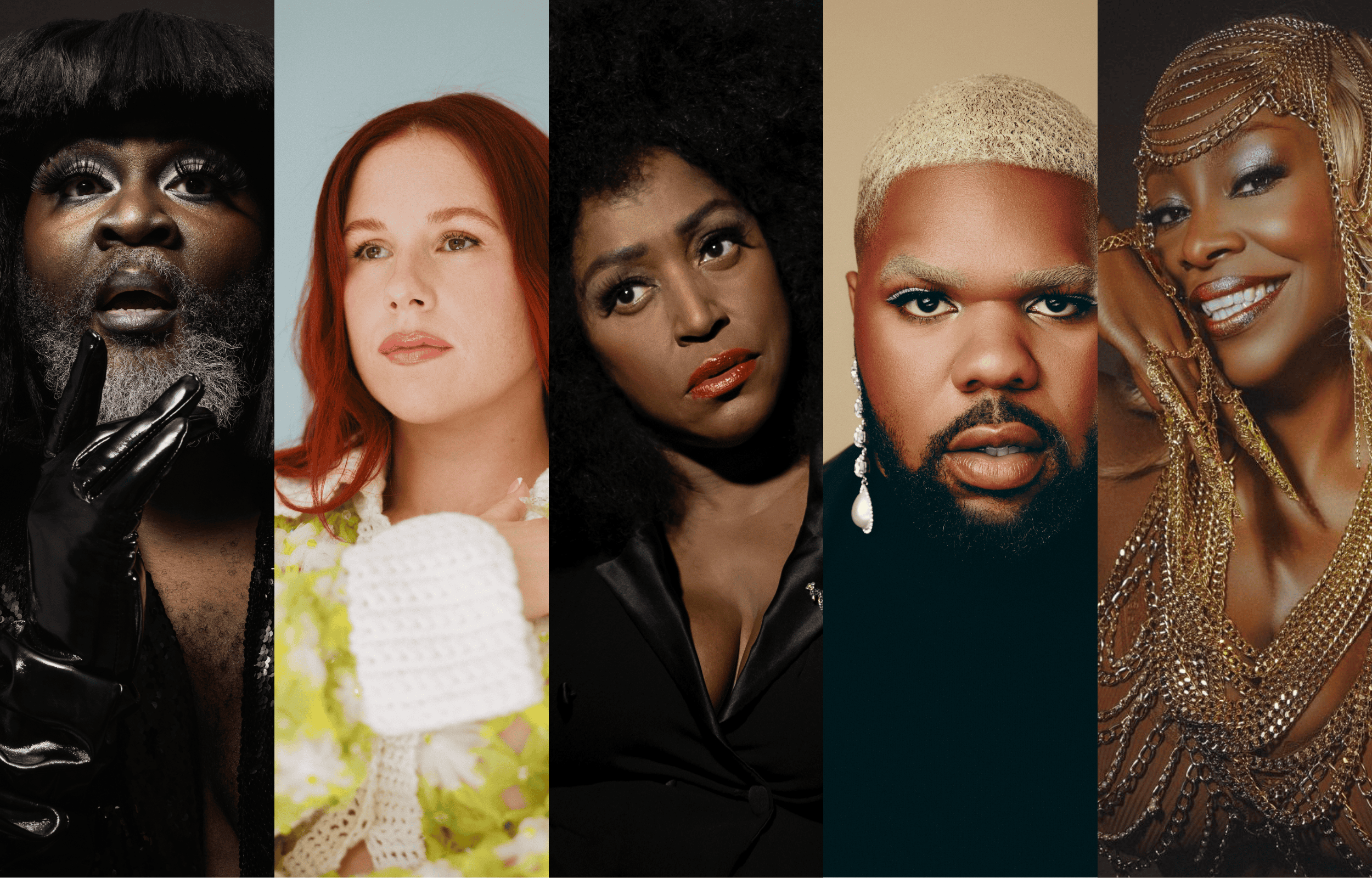 Collage of five diverse individuals with expressive features, styled in high-fashion clothing and accessories, posing against different backgrounds.