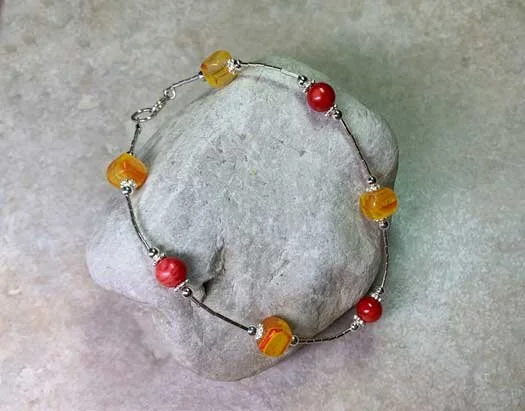 Czech Glass and Coral Beaded Anklet