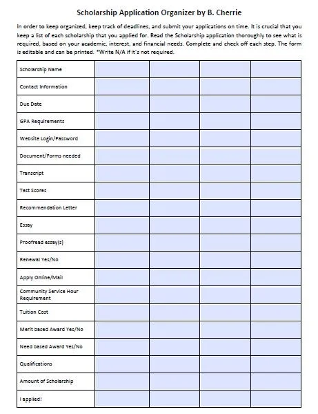 Scholarship Application Organizer (INSTANT DOWNLOAD) — B. Cherrie