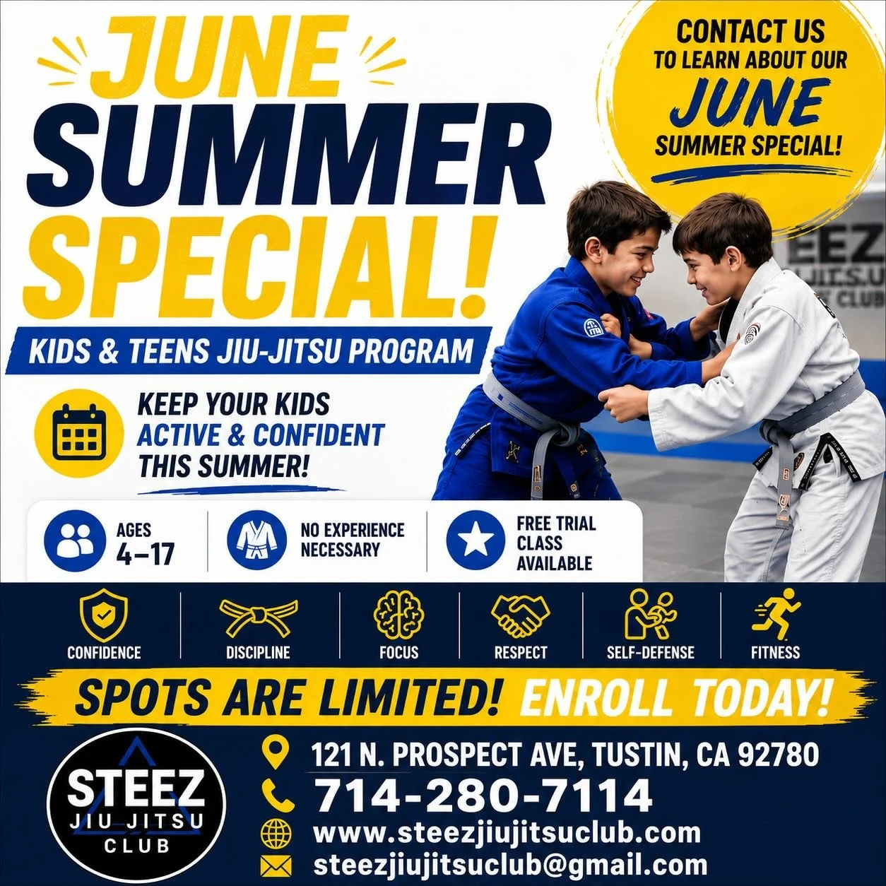 ☀️ JUNE SUMMER SPECIAL ☀️

Looking for a fun, structured activity to keep your kids busy this summer?

Our Kids &amp; Teens Jiu-Jitsu Program helps students build confidence, discipline, focus, respect, and self-defense skills while staying active an