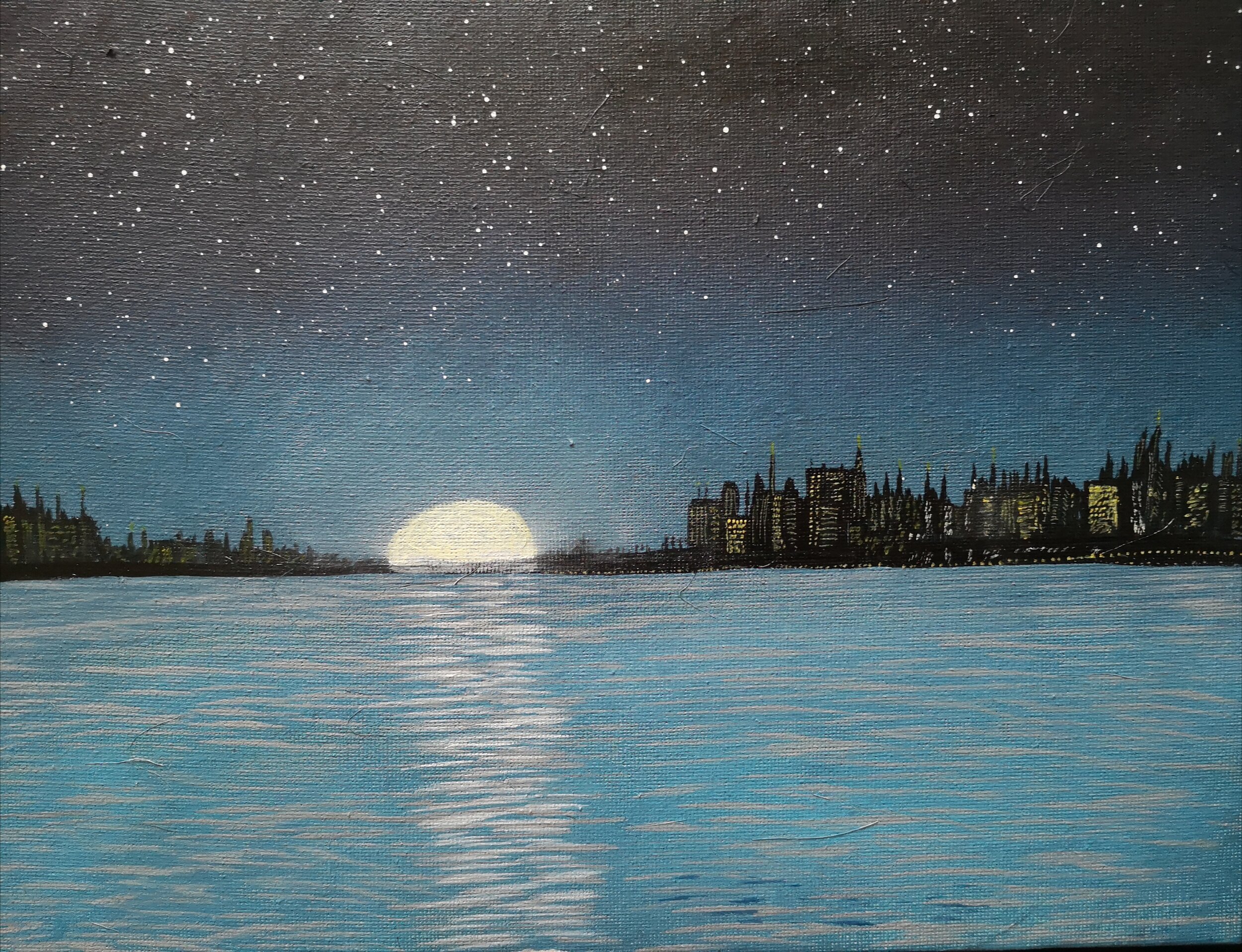 Moonrise over the city - original acrylic on canvas nightscape