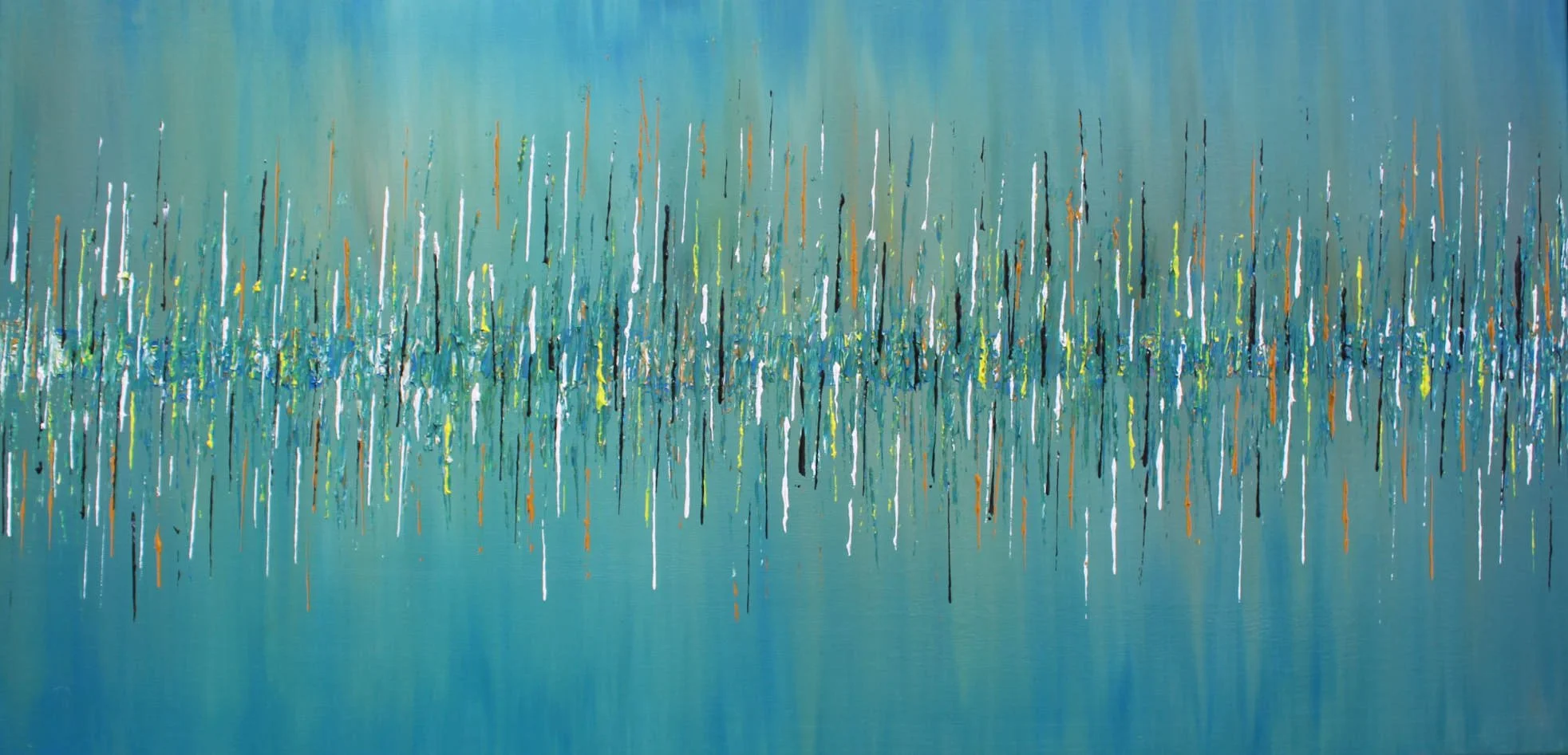 Abstract acrylic painting titled 'Vibrations' by Roy P. Awbery Fine Art, featuring turquoise blue/green background with multicoloured vertical lines evoking vibrational patterns and frequencies.