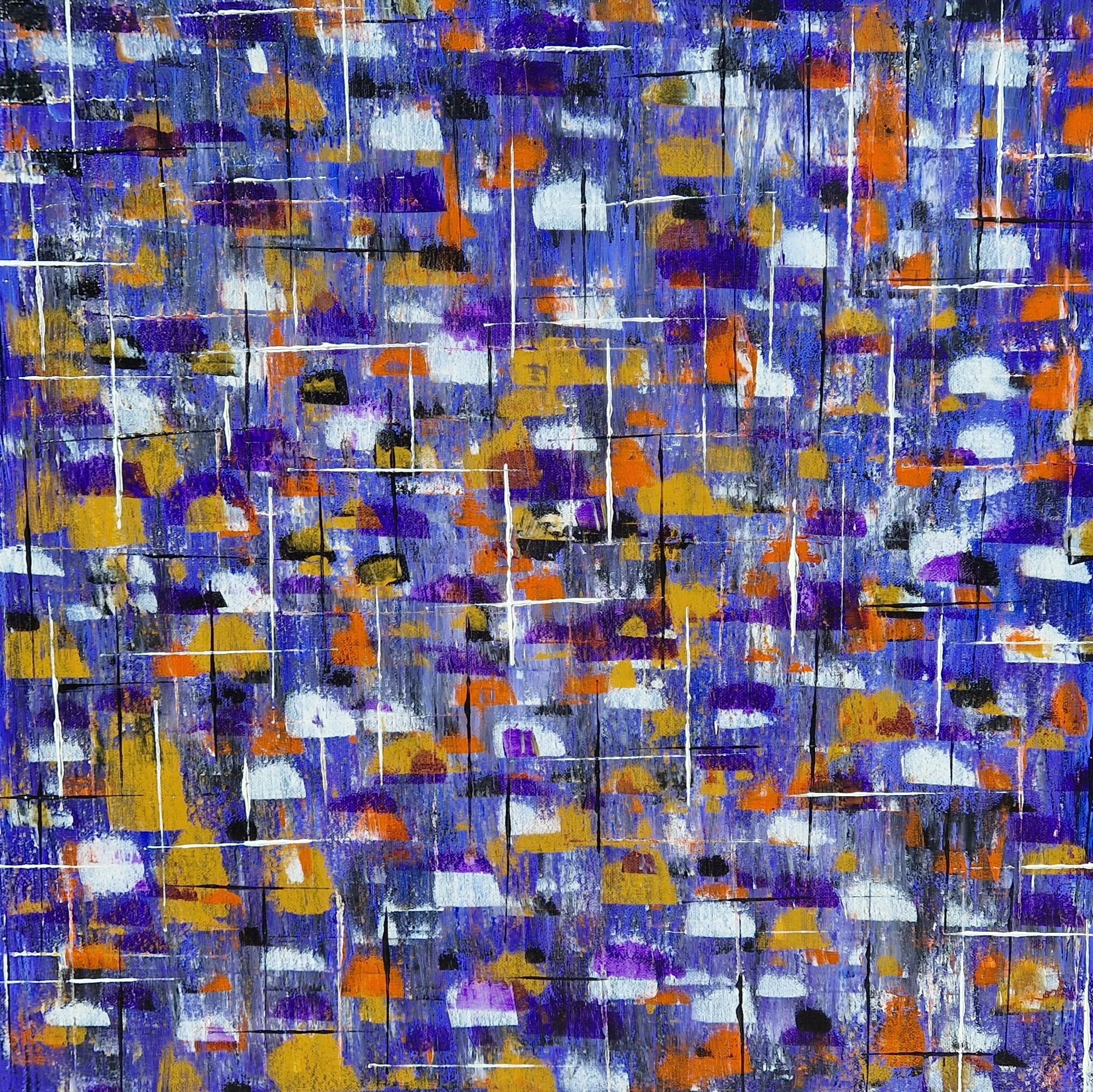 Abstract painting 'Urban Rhythm' by Roy P. Awbery. Bold textured artwork in blue, white and red, original fine art for collectors and modern interiors.