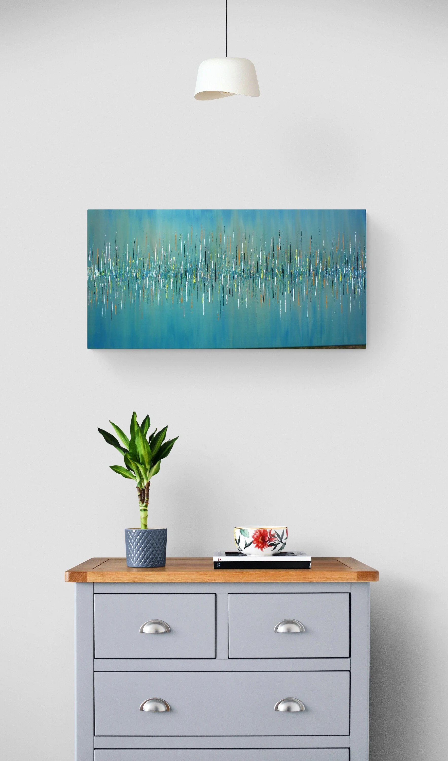Abstract acrylic painting titled 'Vibrations' by Roy P. Awbery Fine Art, featuring turquoise blue/green background with multicoloured vertical lines evoking vibrational patterns and frequencies.
