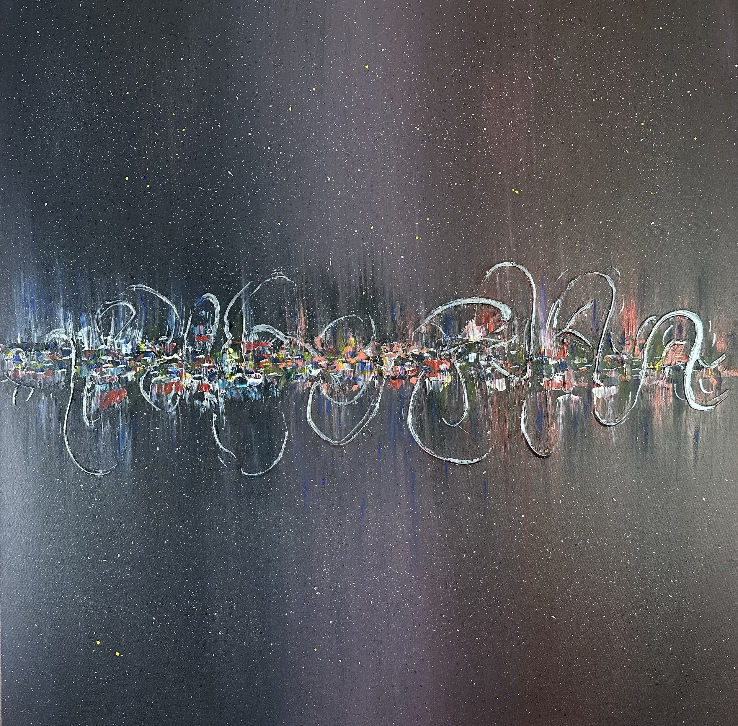 Andromeda - original abstract painting by Roy P. Awbery - blended purple background with central band of mixed colours overlaid with silver swirling curves.