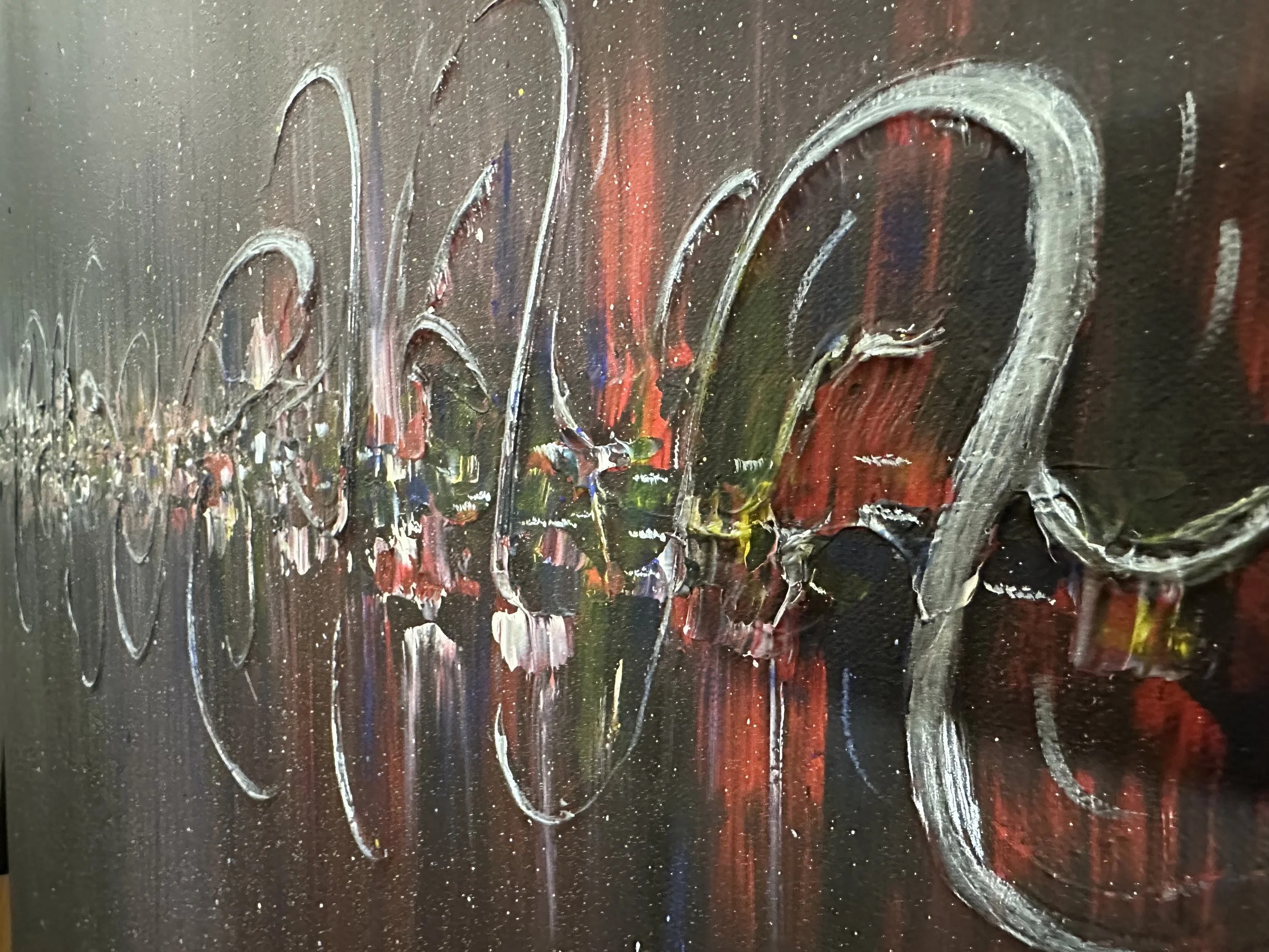 Andromeda - original abstract painting by Roy P. Awbery - blended purple background with central band of mixed colours overlaid with silver swirling curves.