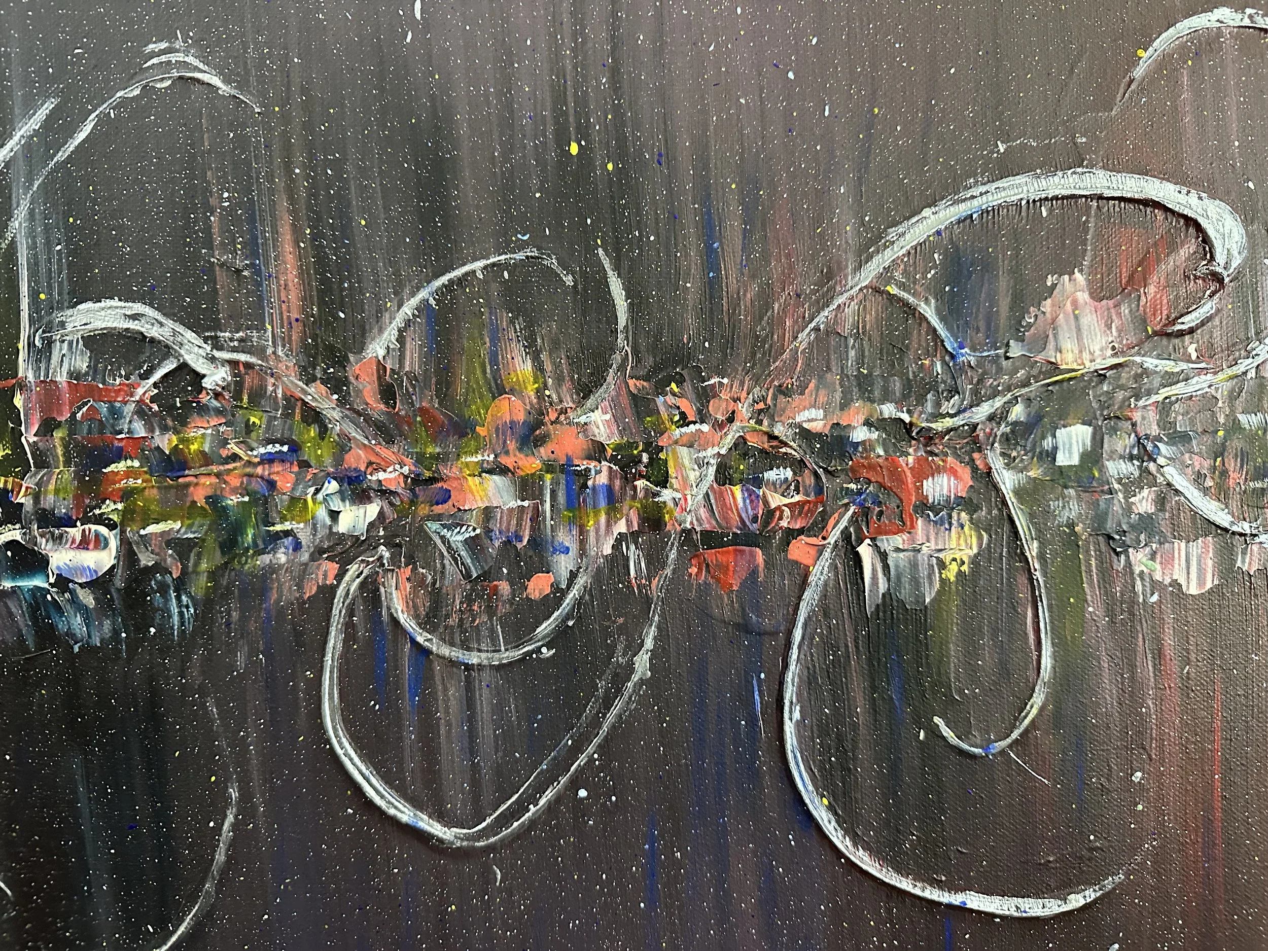 Andromeda - original abstract painting by Roy P. Awbery - blended purple background with central band of mixed colours overlaid with silver swirling curves.