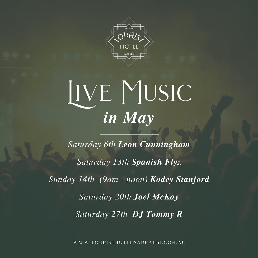 May Live Music 🎶 

Here&rsquo;s our lineup for May&hellip;

Saturday 6th: Leon Cunningham
Saturday 13th: Spanish Flyz
Sunday 14th (9am - noon): Kodey Stanford
Saturday 20th: Joel McKay
Saturday 27th: DJ Tommy R

It&rsquo;s cooling down, so warm up o