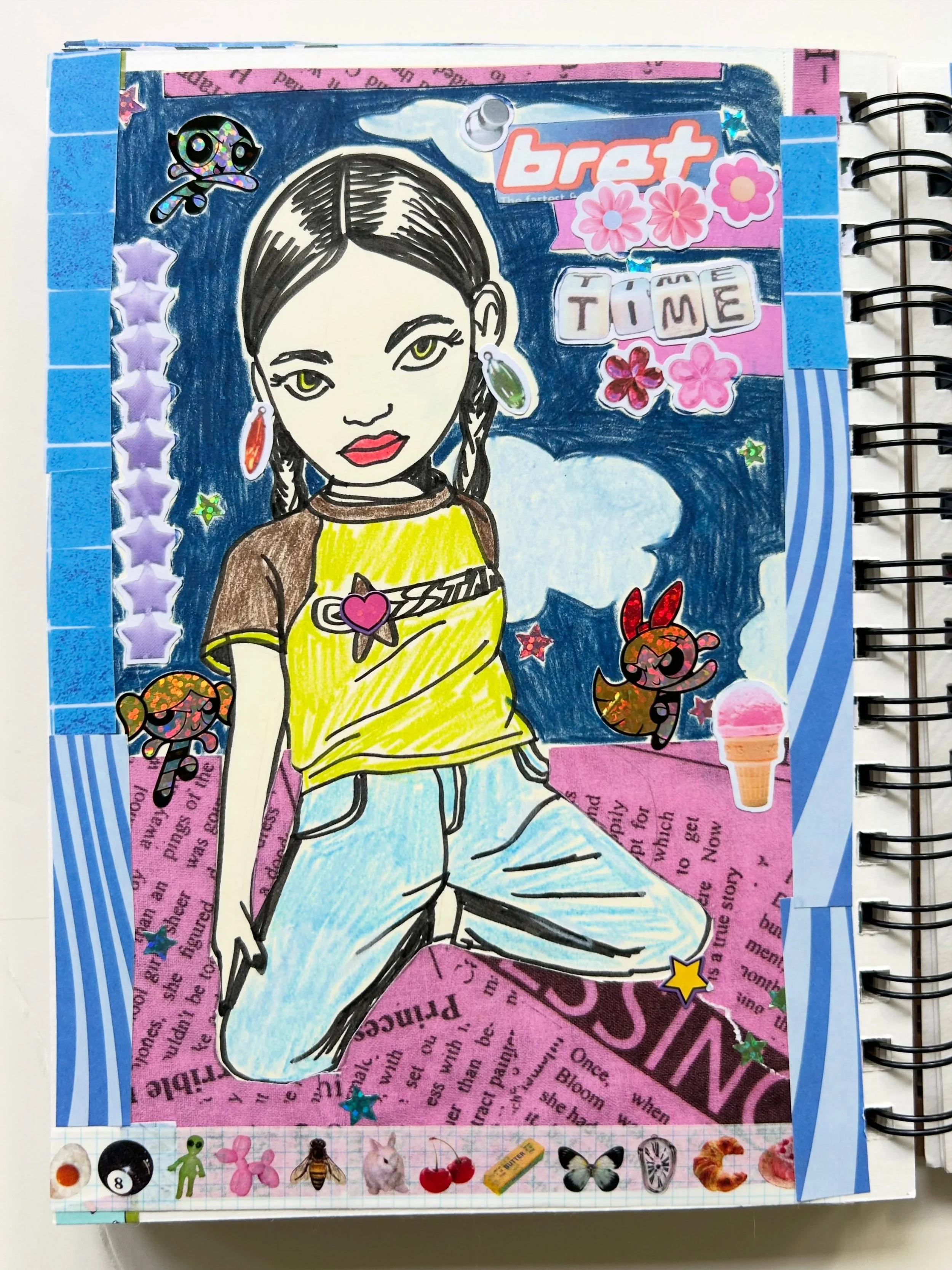 Recent junk journal / sketchbook pages ✍️ had fun using @lovepipsticks Power Puff Girls stickers and @haricotvert collab junk journal sticker book #junkjournaljunkies #useyourstickers #lovepipsticks #powerpuffgirls #haricotvert
