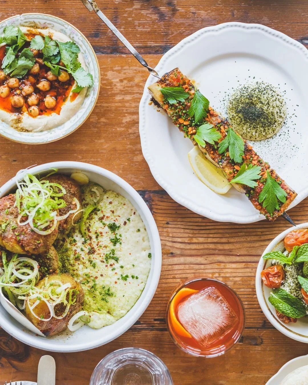 The perfect spread for a chilly Thursday! 

✨ Hummus w/ chickpeas &amp; cumin
✨ Labneh w/ dried tomatoes &amp; mint
✨ Grilled king trumpet mushrooms w/ fermented chili honey, suya &amp; a seaweed egg emulsion
✨ Roasted potatoes w/ lamb 'nduja vinaigr