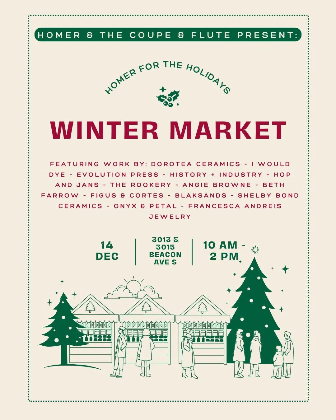 🎄 Mark your calendars! 🎄 

On 12/14 from 10am-2pm we will be opening our doors to some of our creative friends to sell their wares for our annual holiday makers market! 

We are teaming up with our lovely neighbors @thecoupeandfluteseattle to bring