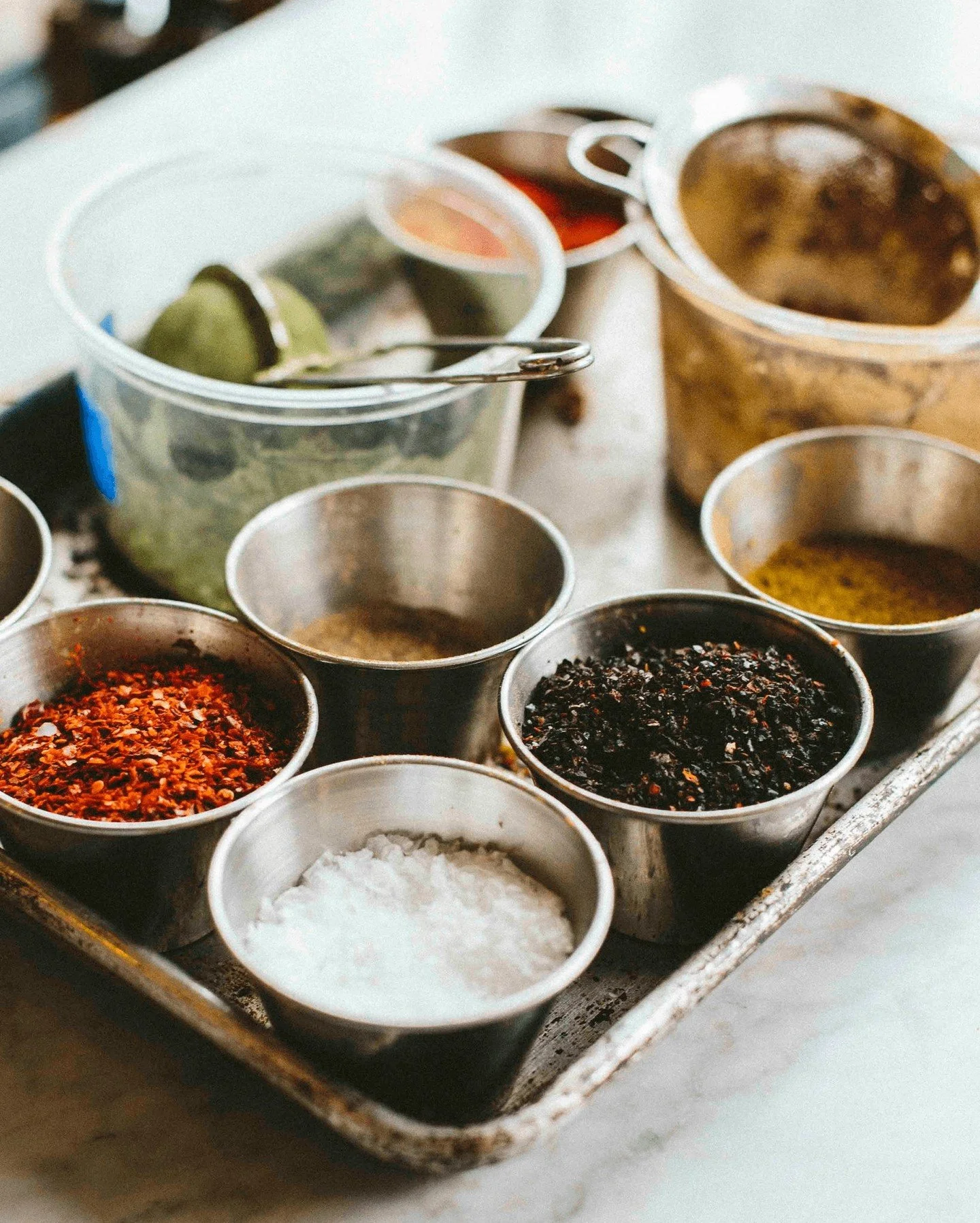 A messy spice tray is the sign of a solid service. You may notice that lots of our dishes come out of the kitchen with a final *sprinkle* of spices - aleppo, urfa bieber, burnt onion powder &amp; cumin just to name a few ✨ 

As always, our spices are