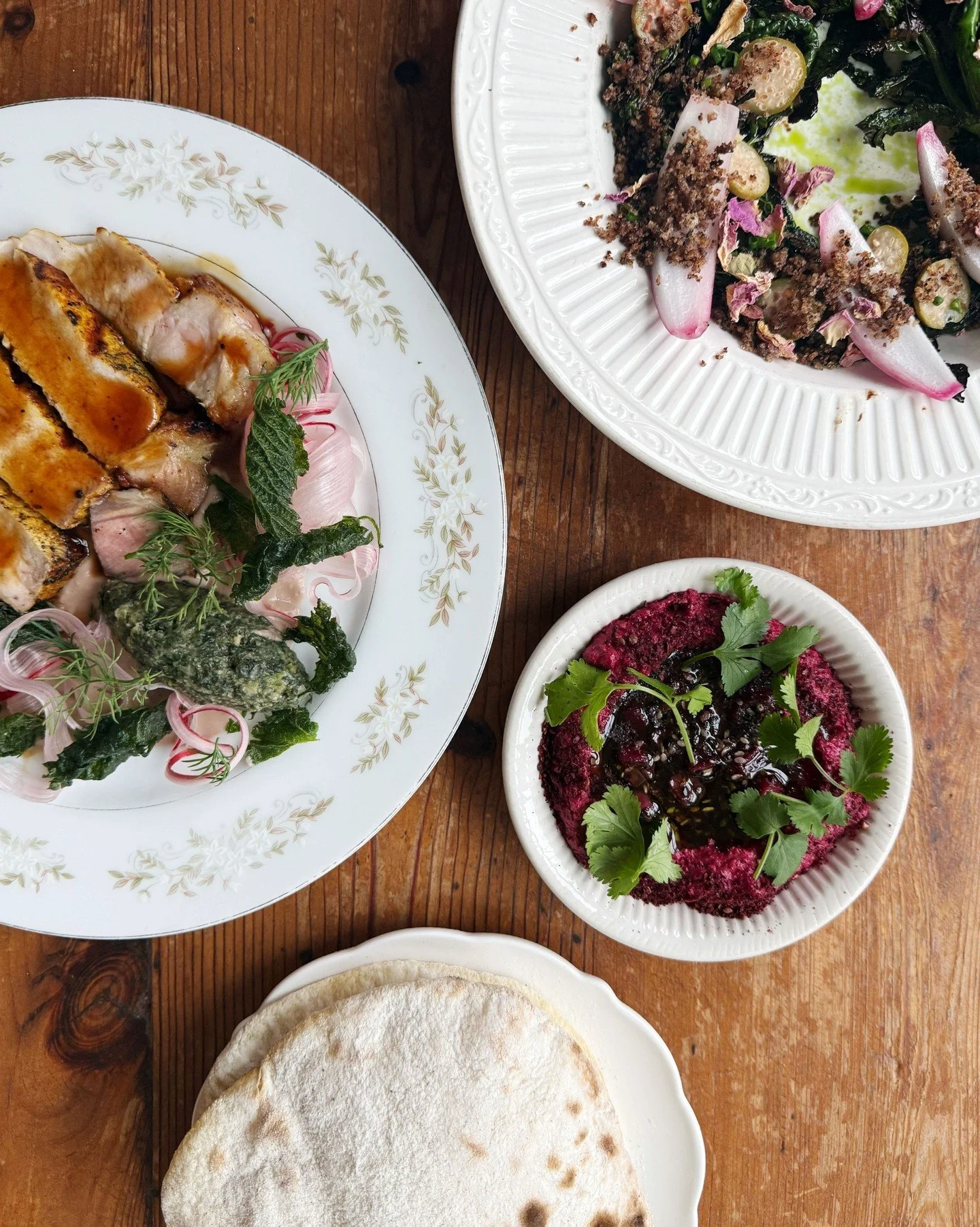Happy Friday 💕 

Some of our current favorites: 
Beet sesame dip w/ stinging nettle za'atar &amp; sumac
Brassicas w/ smoked feta, rose-pickled onion, caper berries, breadcrumbs &amp; alliums
Grilled pork w/ a nettle condiment, walnut tarator, shaved