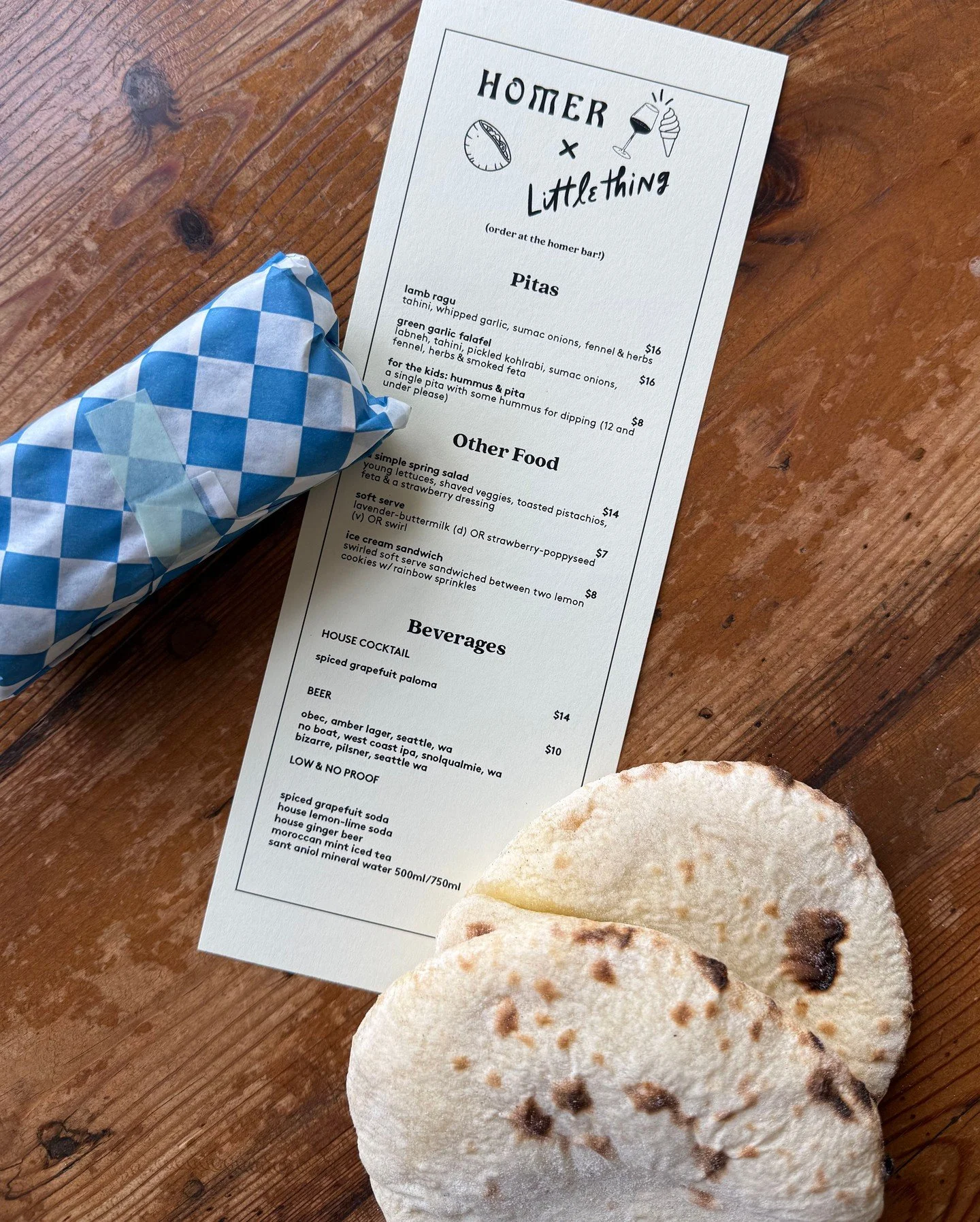 Pita Pita Pita Pita...pockets! 

Tonight from 4:30 till 7:30 (or sold out!) is our second Homer x Little Thing summer collab - can't wait to see you then!

Come hang out in the sun with us ☀️

Menu below!
✨️ lamb ragu pita w/ tahini, whipped garlic, 