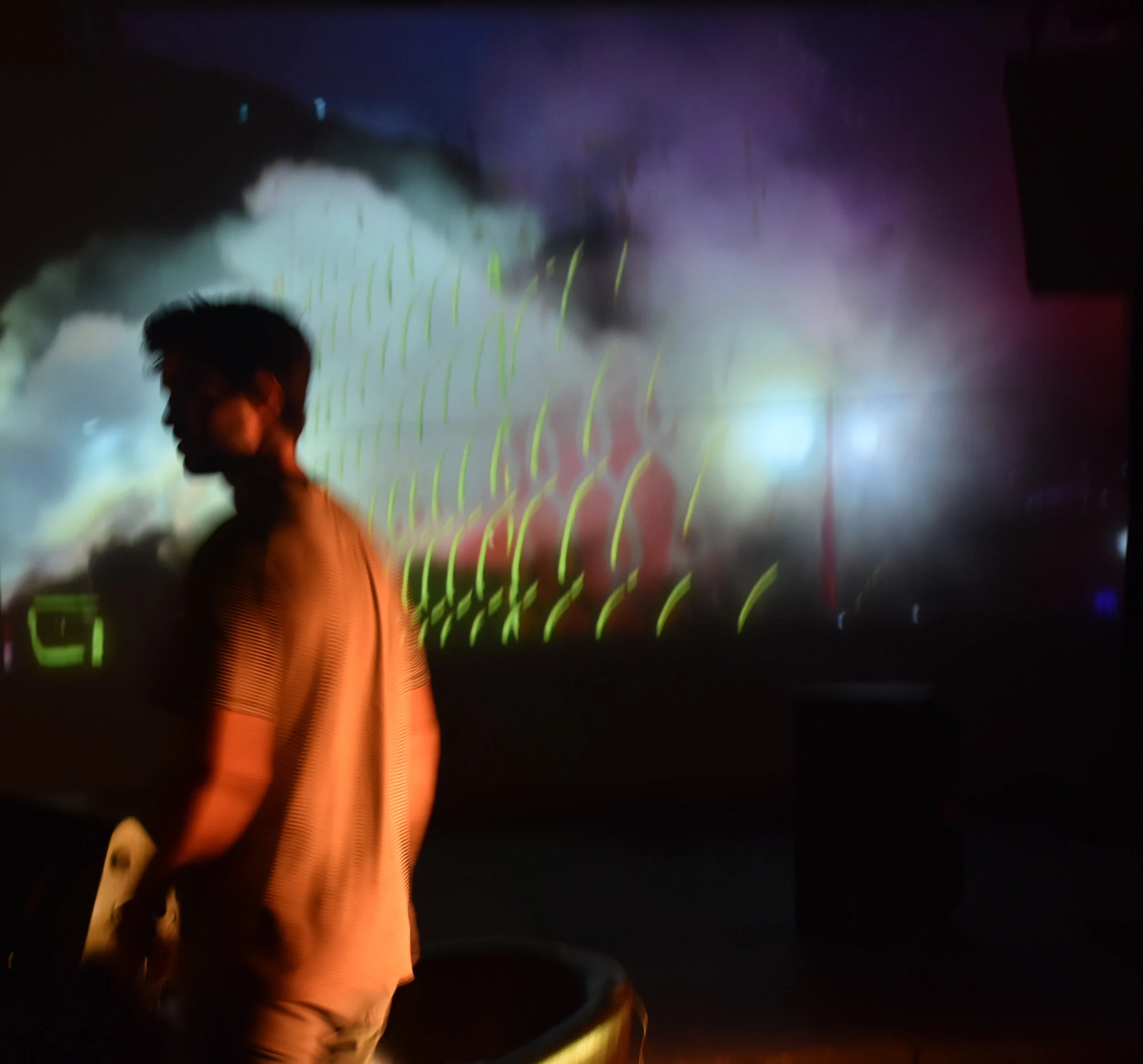 Alejandro Otaola walking infront of his video installation.JPG