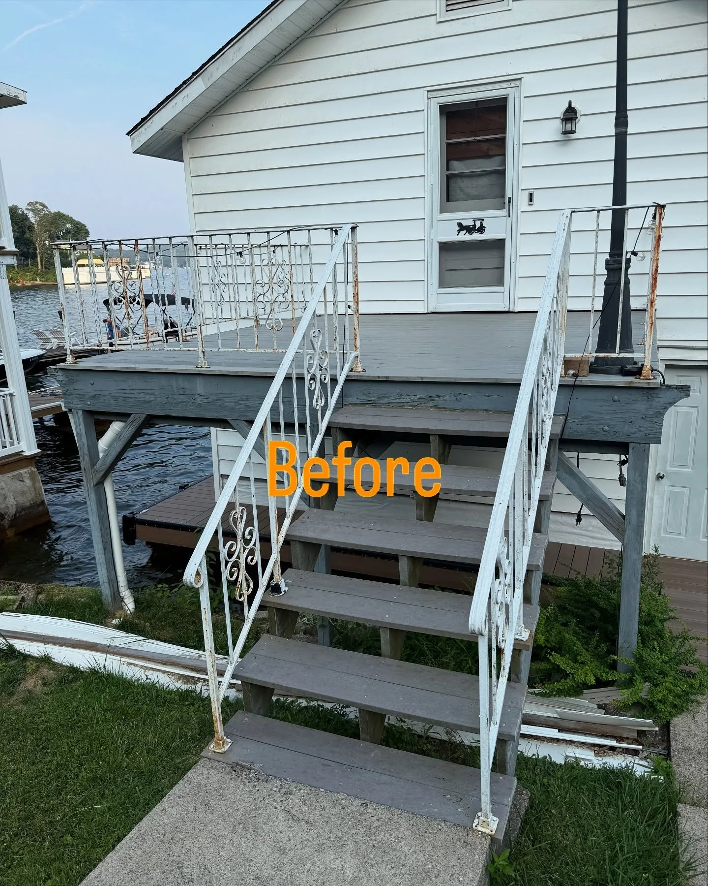 Before and after small detached deck and deck on the boathouse. #justdecksnj #wolfhomeproducts #fiberon #boathouse #deck #decks #aluminumrailing