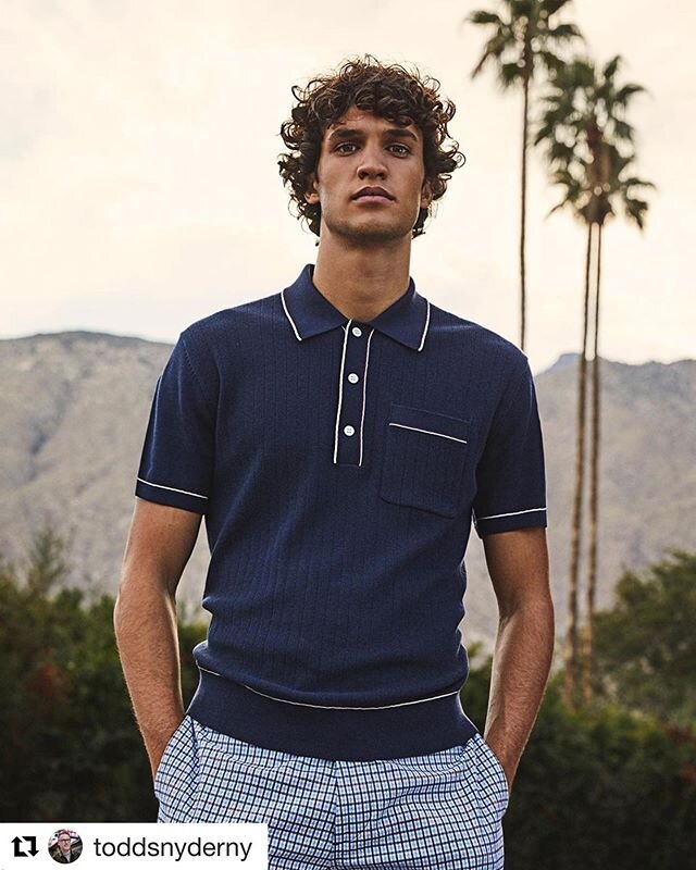 #Repost @toddsnyderny
・・・
A favorite portrait from our TS #PalmSprings shoot. I&rsquo;m missing @JimMoore who is quarantining there, #SoJealous . . . The retro Polo we struggle to keep in stock 💠 The thin stripes that run along the edge of a collar 