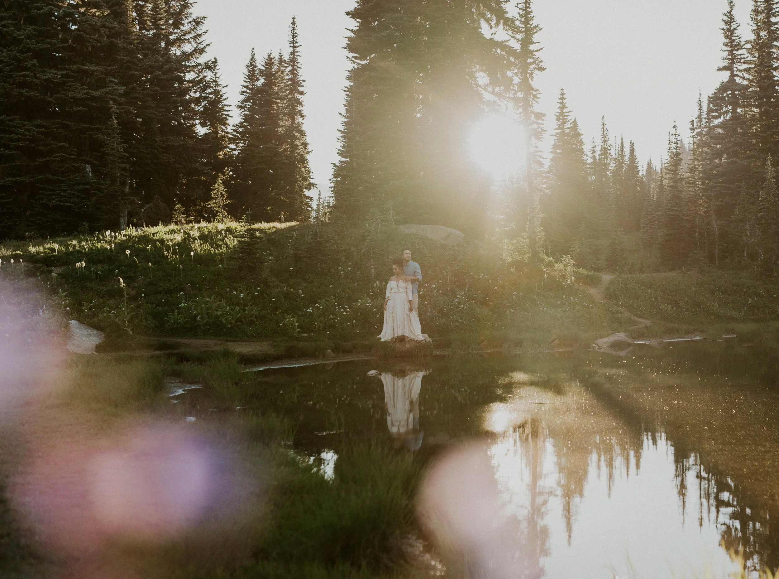 Couple surrounded by tall pine trees in a quiet Danish forest